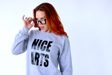 Load image into Gallery viewer, NICE ARTS women’s LARGE crewneck - Black felt on Grey Marle
