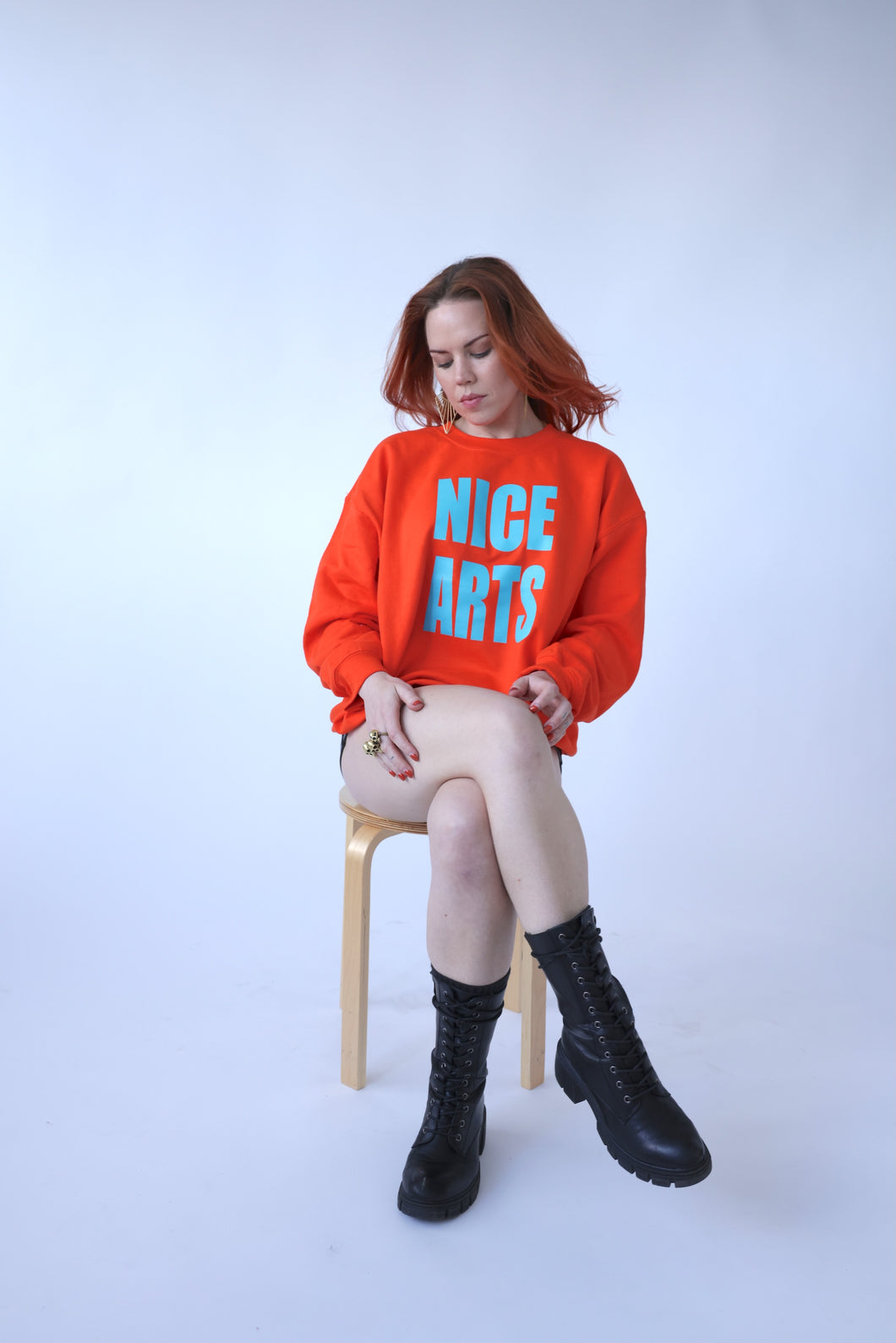 NICE ARTS unisex crewneck - Turquoise vinyl on Orange LARGE