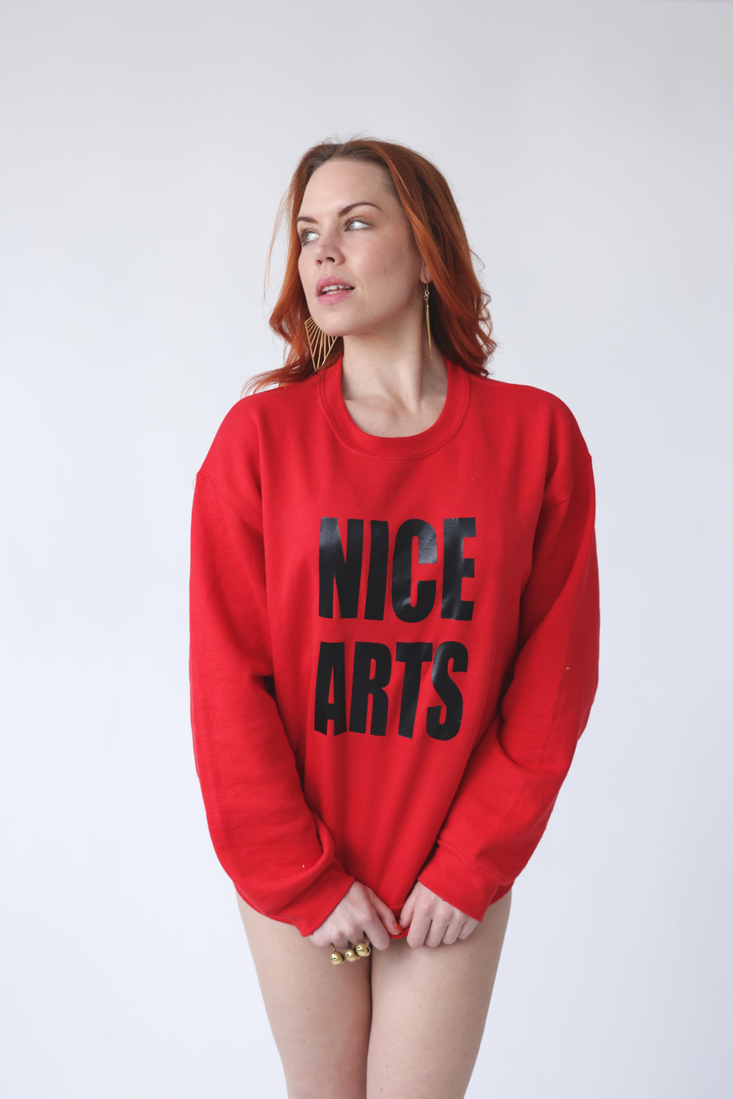 NICE ARTS unisex crewneck - Black vinyl on Red crewneck MEDIUM