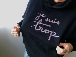 Women’s JE SUIS TROP hoodie Black with Pink Sparkle print - LARGE